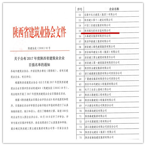 陜煤建設(shè)機(jī)電安裝公司再次闖入陜西省建筑業(yè)百?gòu)?qiáng)企業(yè)