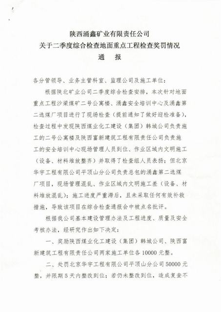 陜煤建設韓城分公司沙梁煤礦2#單身公寓項目施工生產(chǎn)受到建設單位獎勵